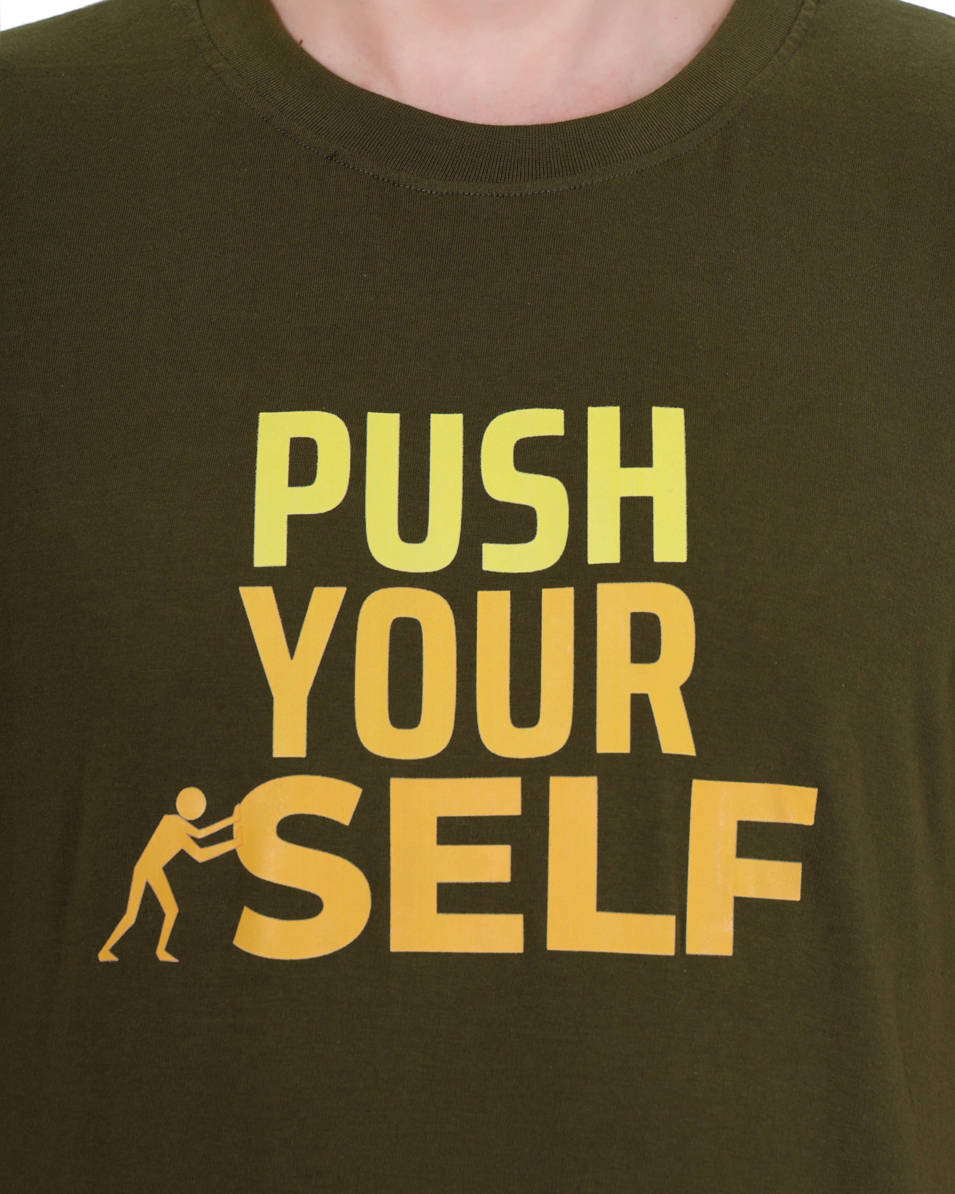 Men's Motivational Graphic T-Shirt – "Push Yourself" Slogan (Olive Green)